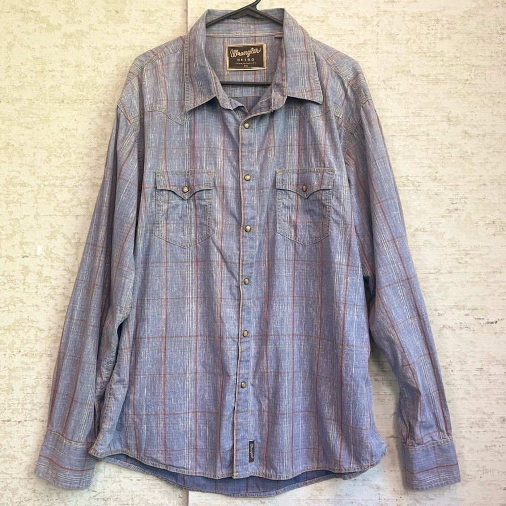 Wrangler Men's Retro Premium Western Blue Plaid Shirt Sz XXL Pearl Snaps Cowboy